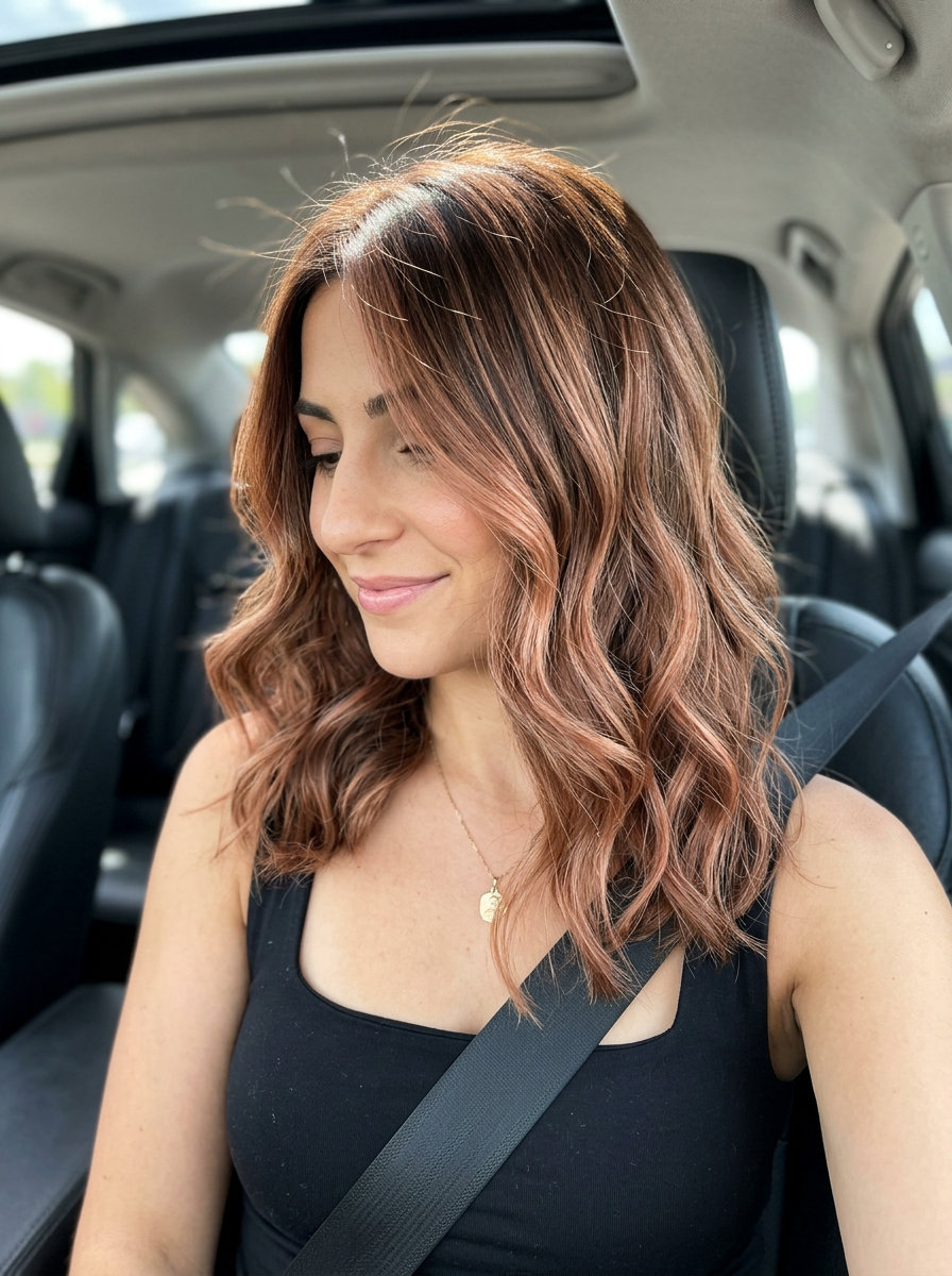 long strawberry blonde layered highlights with rose gold undertones, soft chestnut base — romantic brunch look