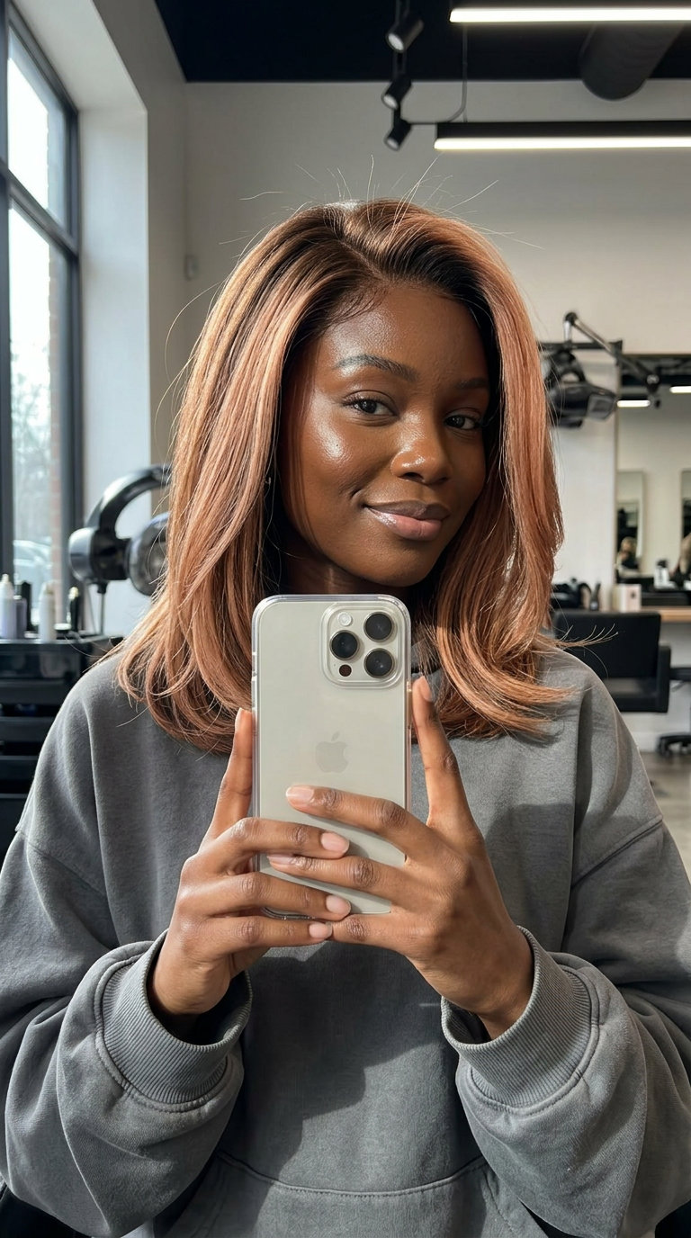 long U-cut layered hair with strawberry blonde reverse balayage, warm copper-gold undertones, rich depth — romantic elegant style