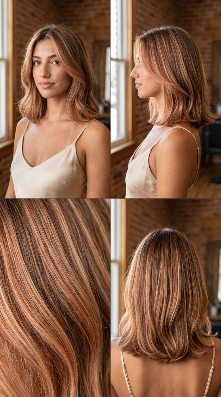 long textured lob with strawberry blonde highlights and peachy undertones for summer