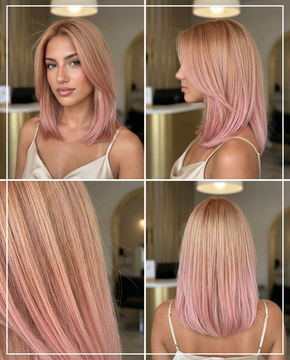 long strawberry rose sunset ombre with strawberry blonde and rose gold, soft melt, no fringe — romantic summer brunch