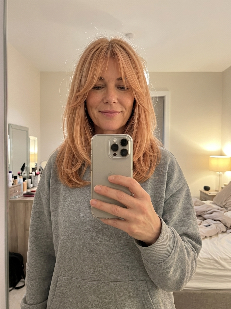 Summer Berry Soft-Wolf Haircut 2026 medium strawberry blonde soft-wolf haircut with peach undertones, face-framing layers, curtain fringe — playful bohemian