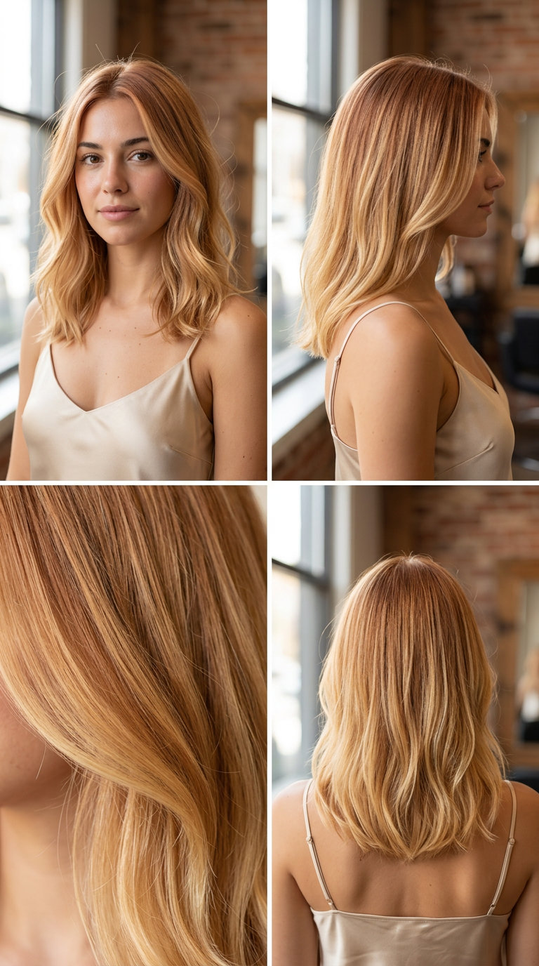 long layered ombre with strawberry blonde root to honey blonde, balayage technique