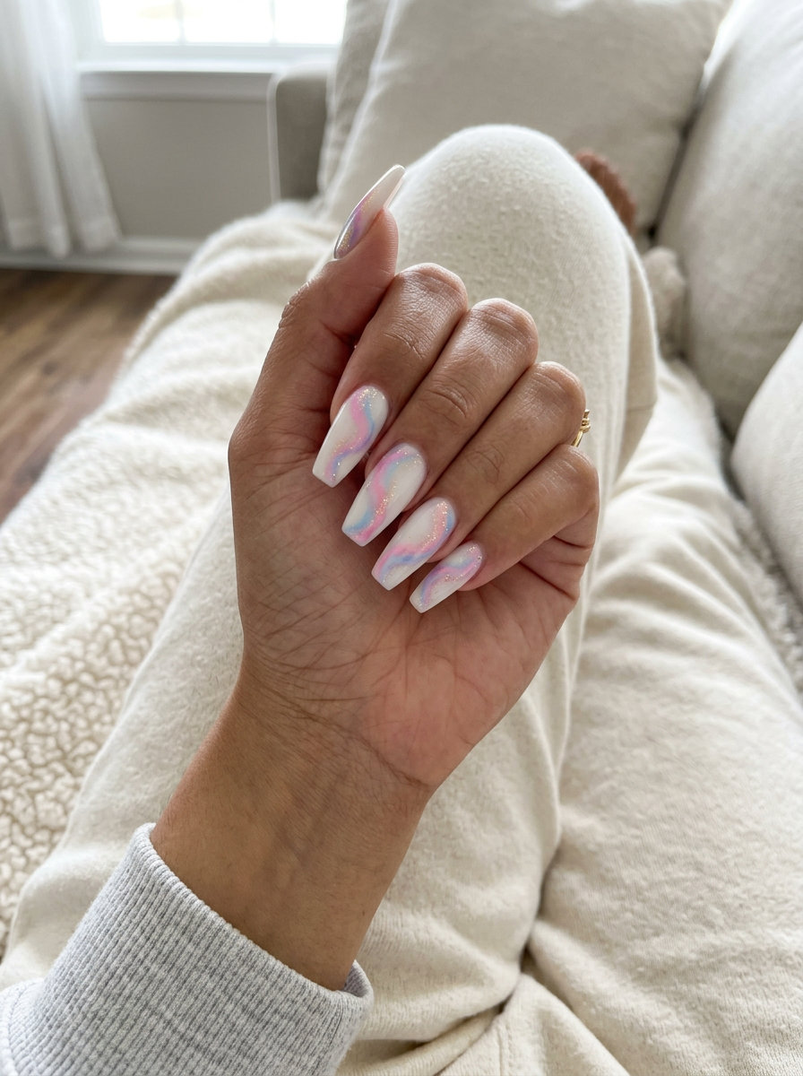 Milky white airbrush swirls coffin nails for summer classy nails 2026. Whimsical, artistic style for festivals and parties.