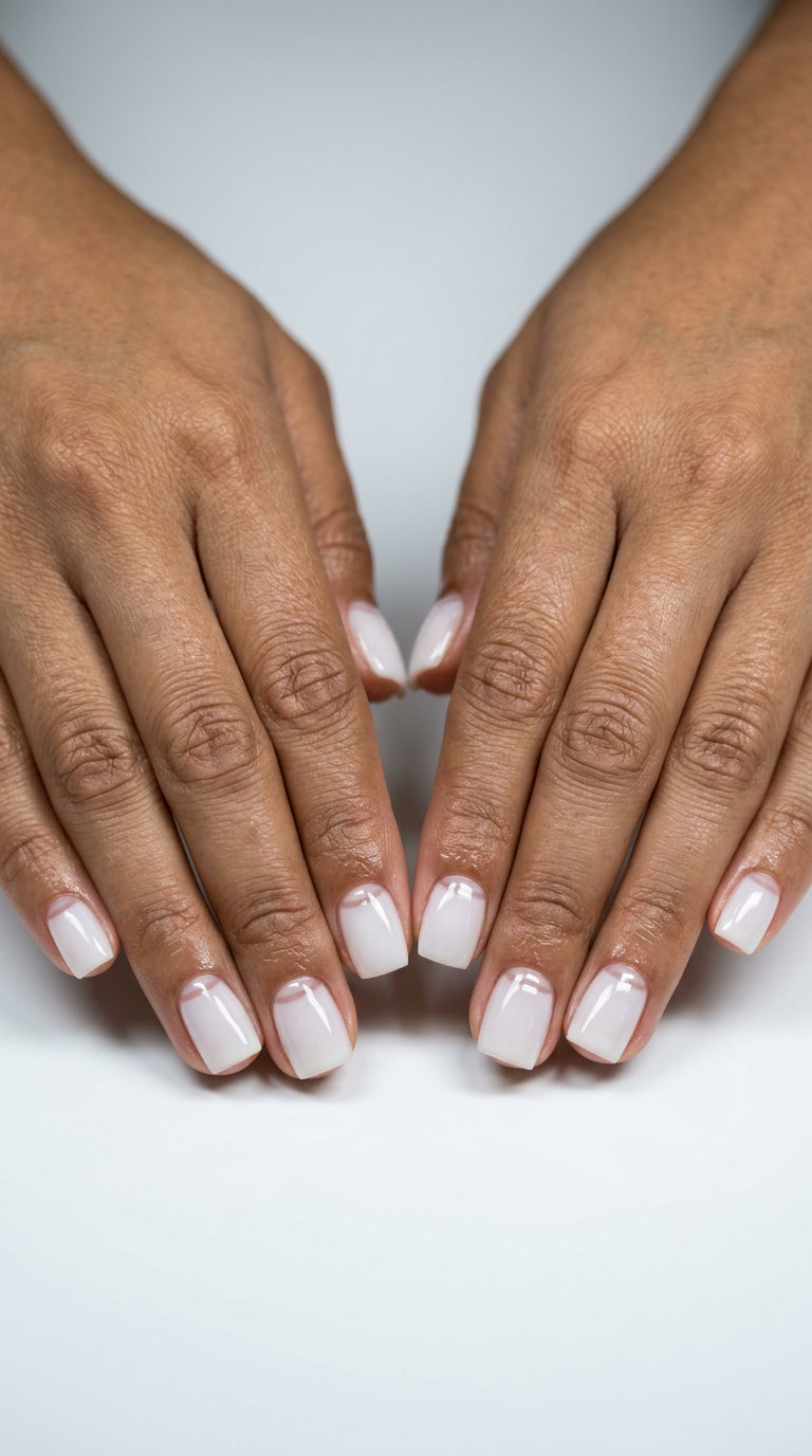 Minimalist summer classy nails 2026: Milky white reverse French on short square nails for work.