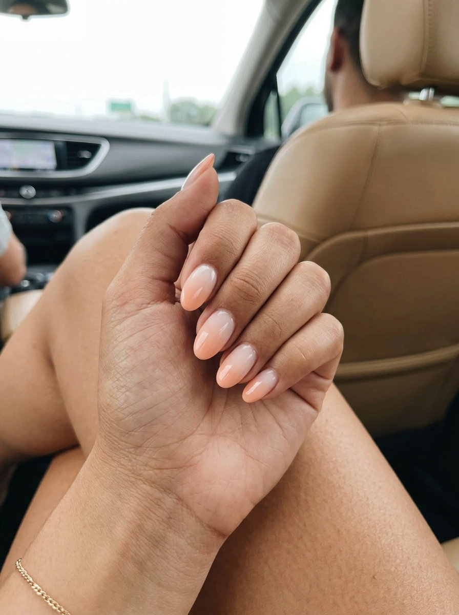 Soft summer classy nails 2026: Milky white to soft peach gradient glossy finish on oval nails.
