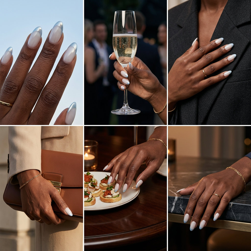 Pale blue chrome French tip nails for summer classy nails 2026. Futuristic, chic style for date nights and cocktail parties.