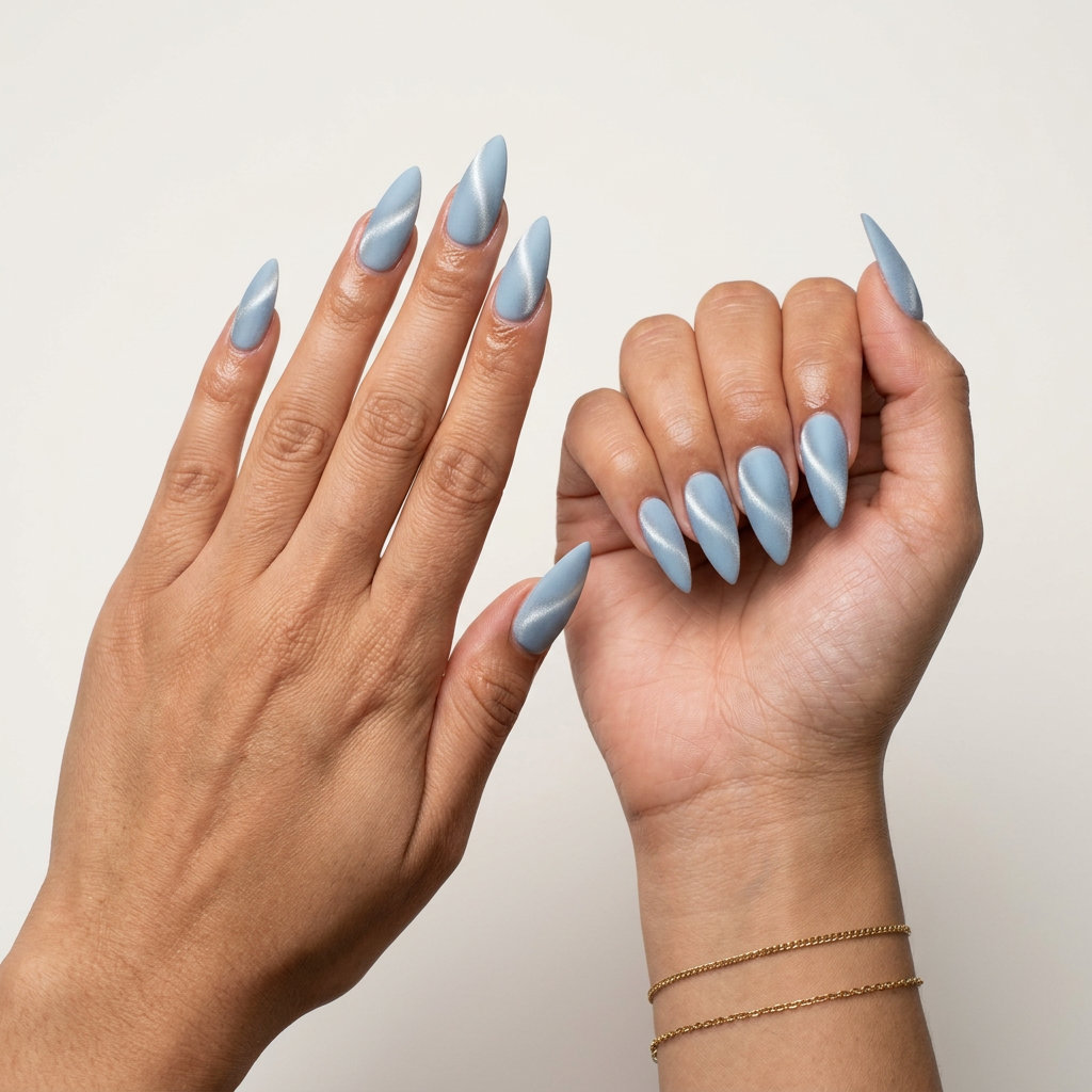 Pale blue velvet cat-eye nails for a summer classy nails 2026 look, perfect for evening events and parties.
