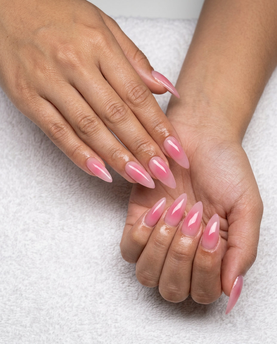 Bold summer classy nails 2026: Sheer pink aura stiletto shape with glossy finish for parties.