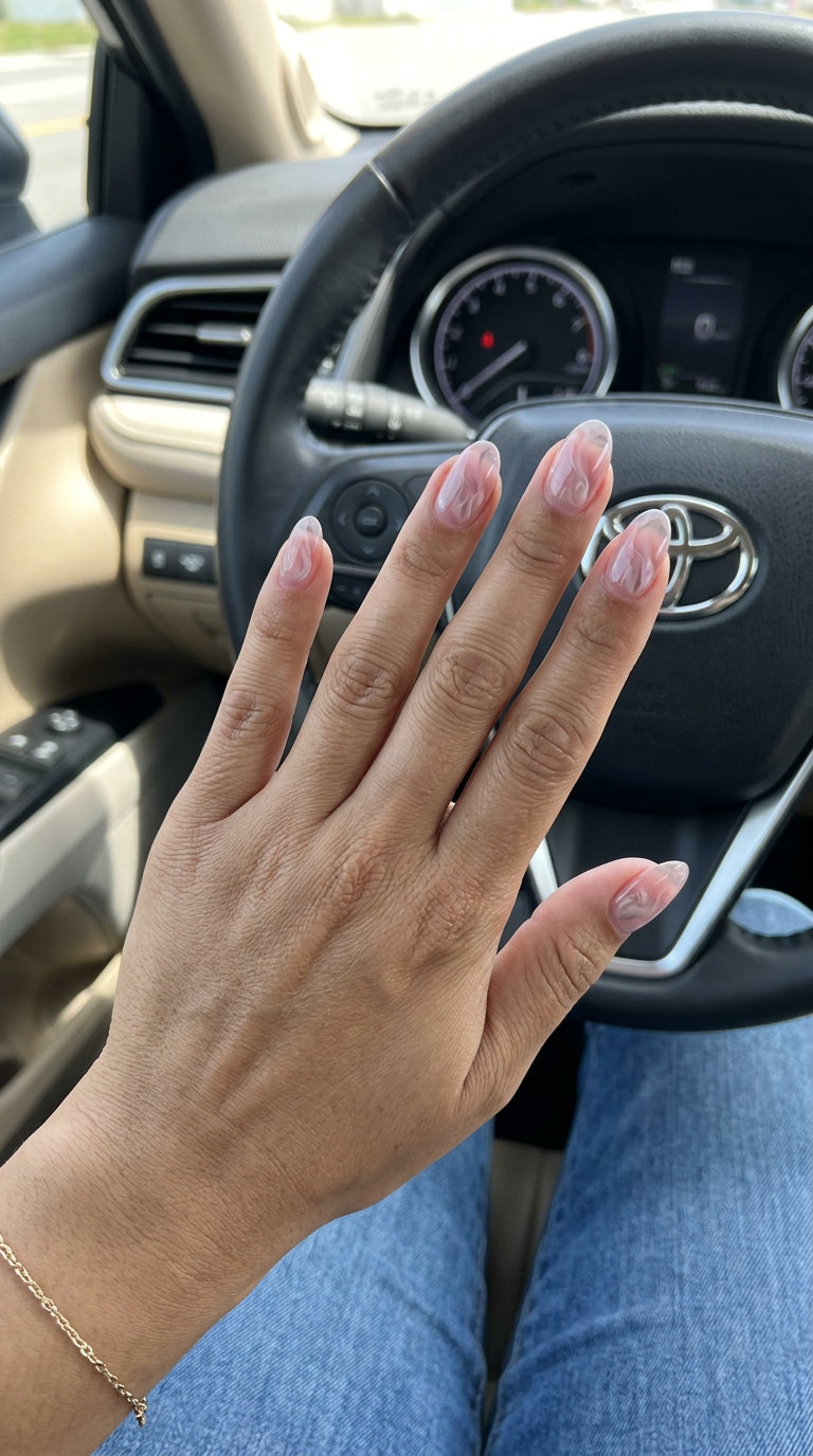 Sheer pink marble glossy nails for summer classy nails 2026. Romantic, sophisticated style for weddings and evening events.