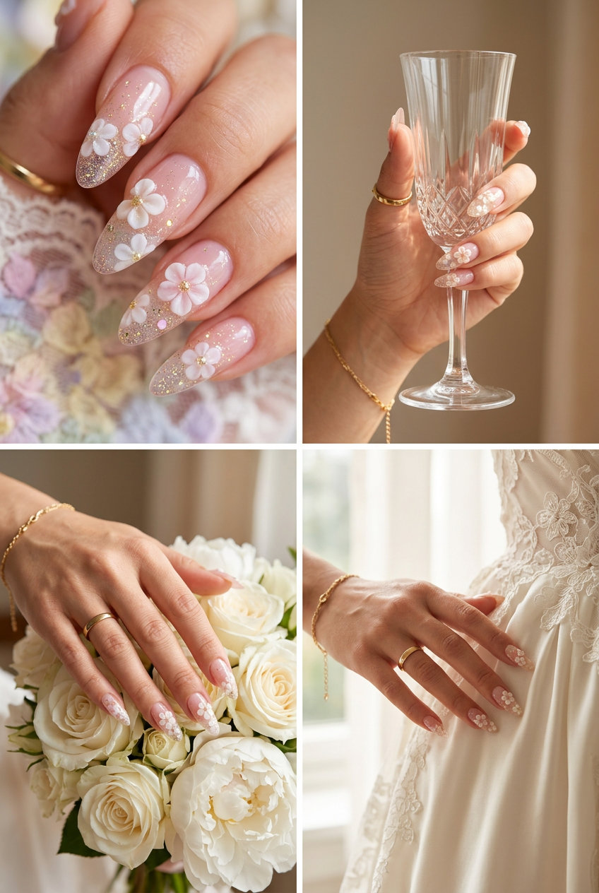 Ethereal summer classy nails 2026: Sheer pink milk bath floral almond nails with gold shimmer.