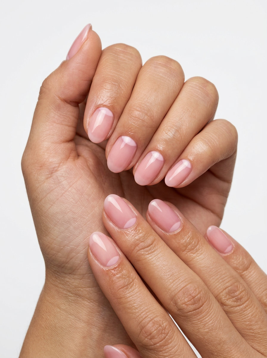 Sheer pink reverse French nails for summer classy nails 2026. Sophisticated, elegant style for weddings and formal events.