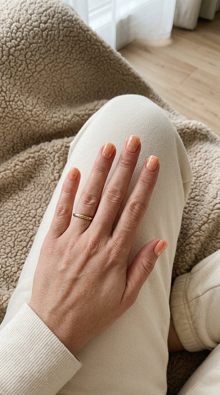 Playful summer classy nails 2026: Soft peach with foil flakes shimmer on square nails for brunch.