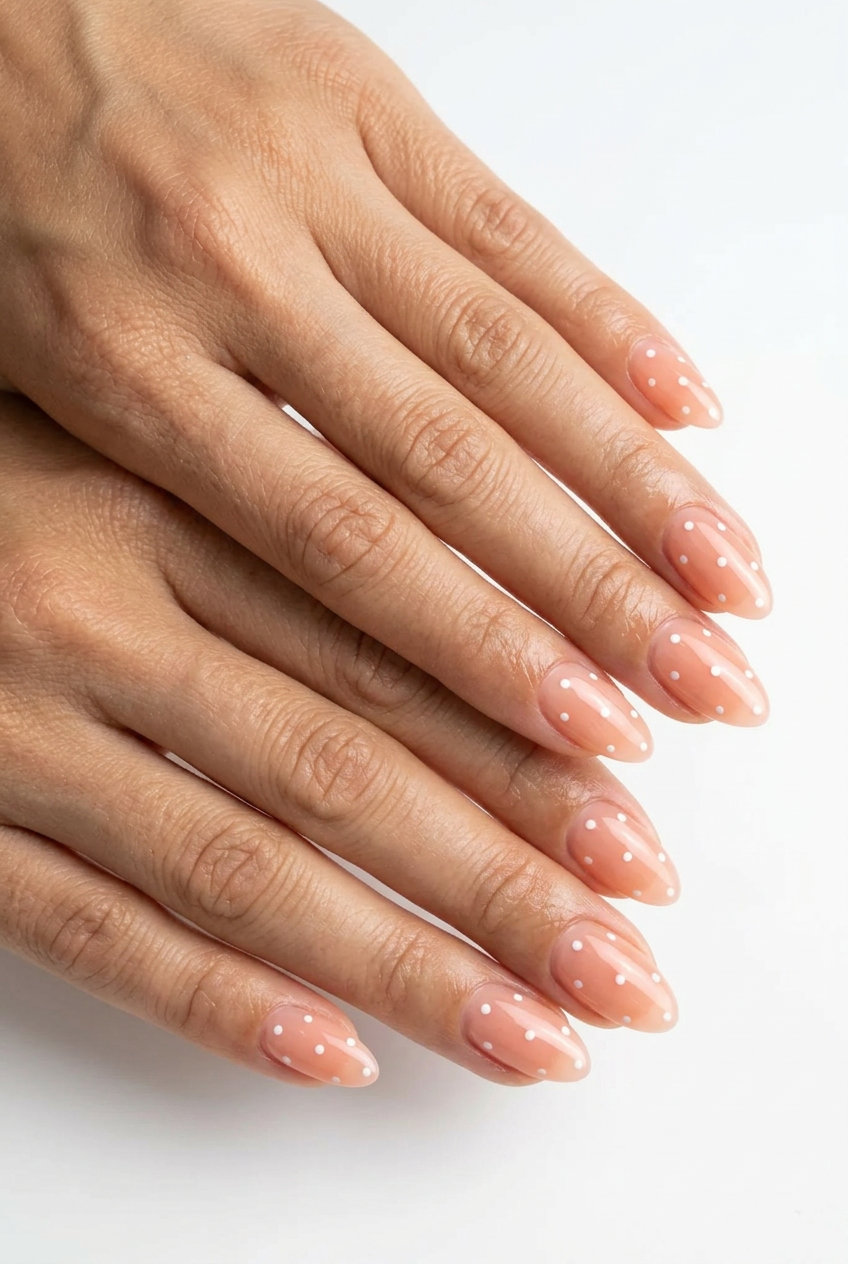 Soft peach jelly dots nails for summer classy nails 2026, playful for vacations and casual outings.