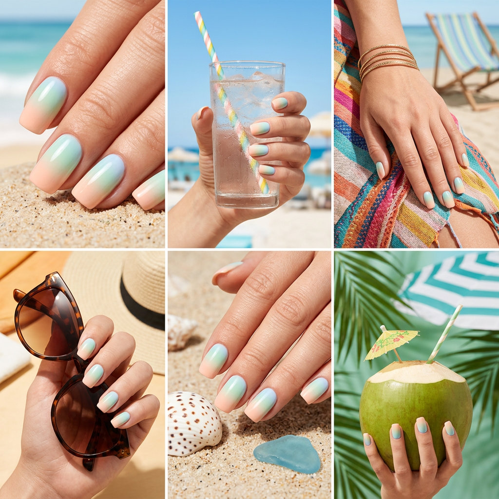 Airbrushed sunset almond nails in pastel pink, orange, yellow for summer vacation, beach trip, wedding guest. Summer colorful nails designs 2026.