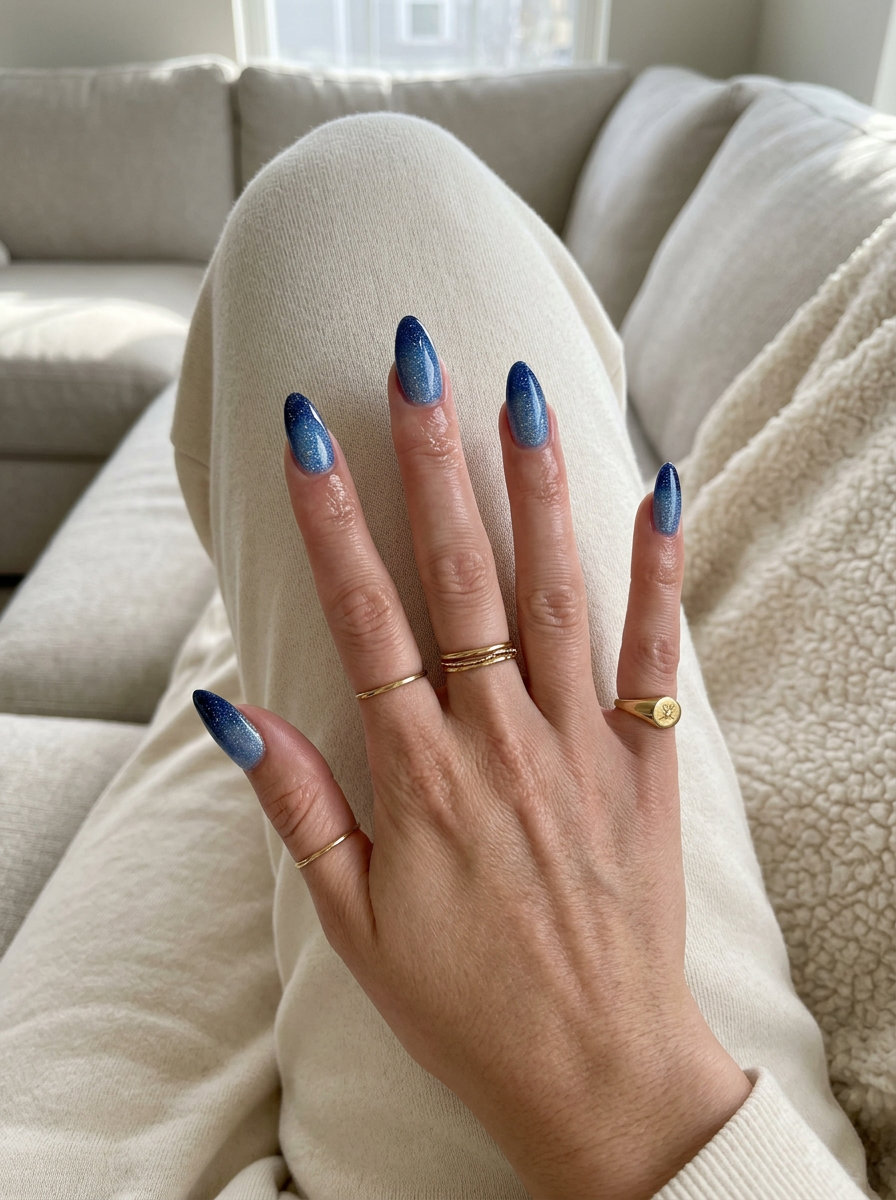 Cosmic blue holographic glitter ombre coffin nails for festival, night out, concert. Summer colorful nails designs 2026.