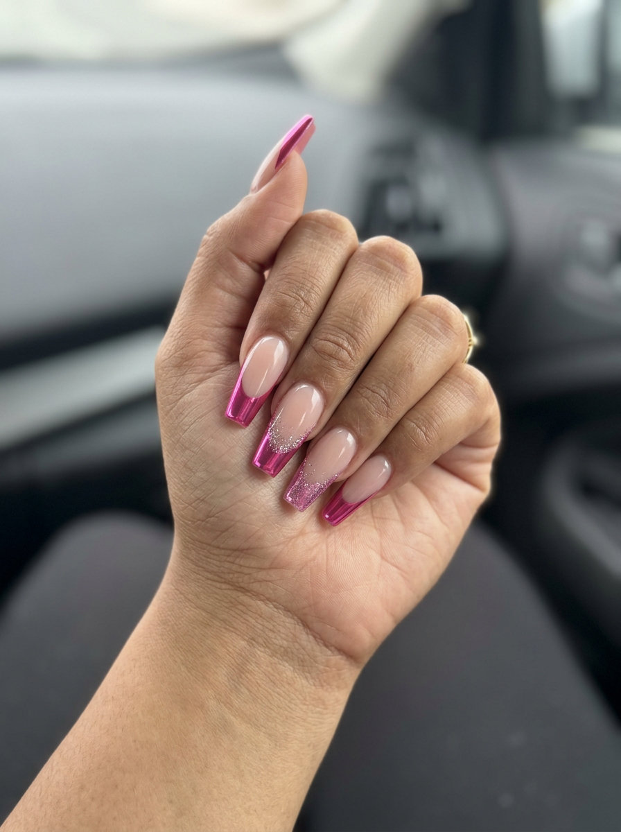 Electric fuchsia chrome French tip on long coffin nails for a party or night out. Summer colorful nails designs 2026.