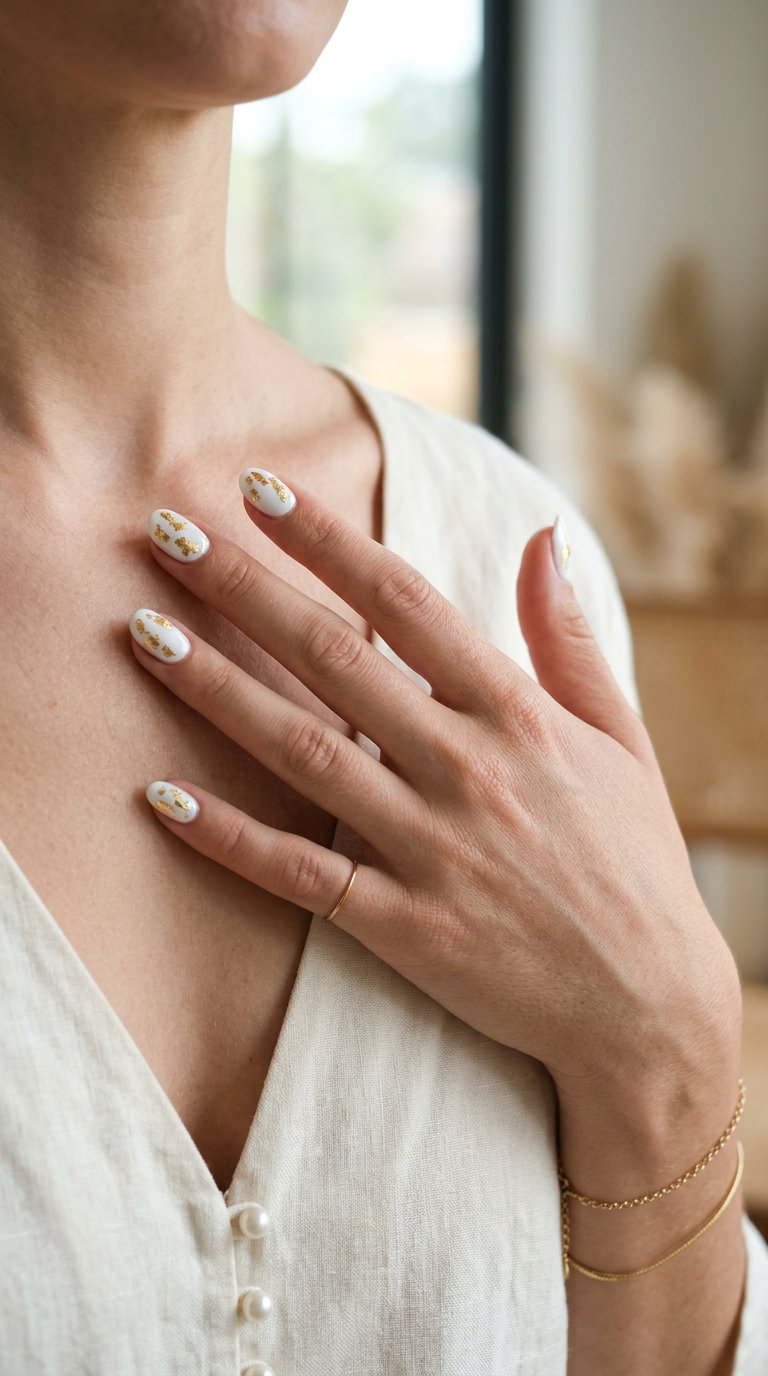 Shimmering gold foil flakes on oval white nails for a glamorous summer event. Summer colorful nails designs 2026.