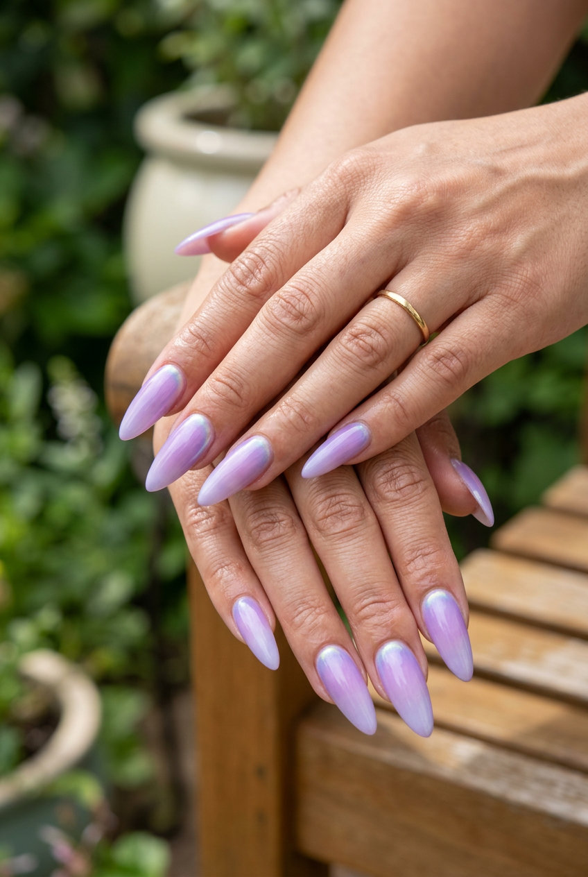 Lavender aura gradient stiletto nails for outdoor events or a night out. Summer colorful nails designs 2026.