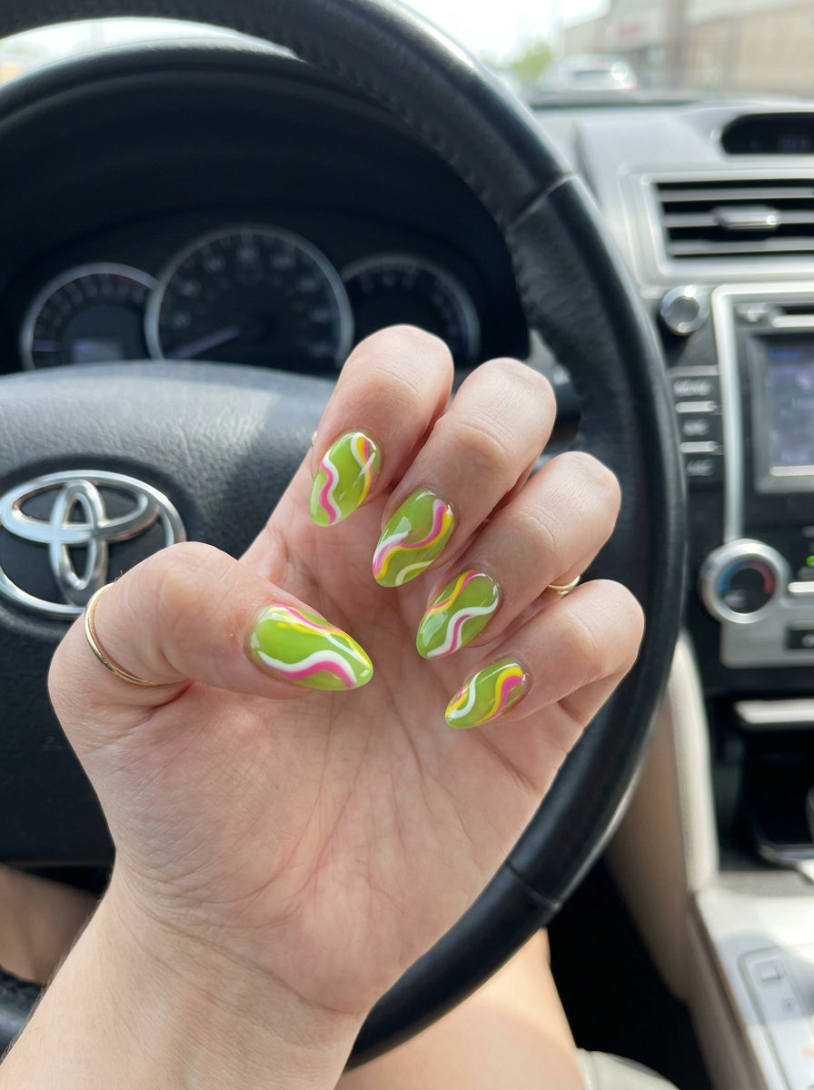 Lime green jelly squoval nails with pink and yellow swirls for summer 2026, perfect for festivals and beach days. Energetic.