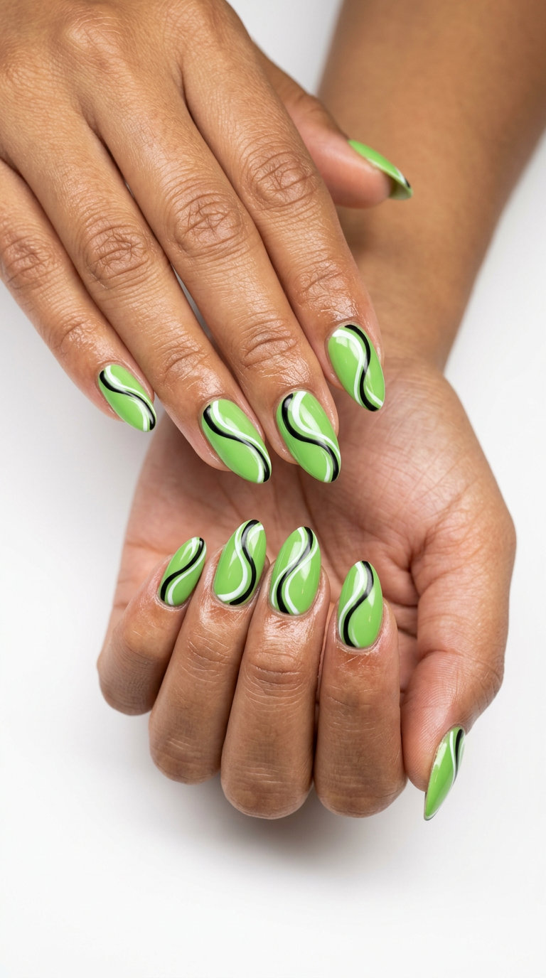 Lime zest abstract swirls in green, black, and white for a festival or creative event. Summer colorful nails designs 2026.