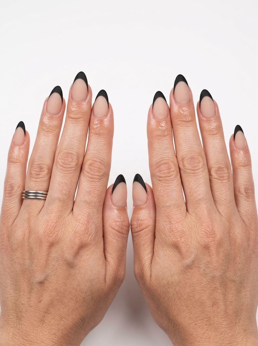 Matte black micro French tip on sheer nude nails for a minimalist, edgy summer look. Summer colorful nails designs 2026.