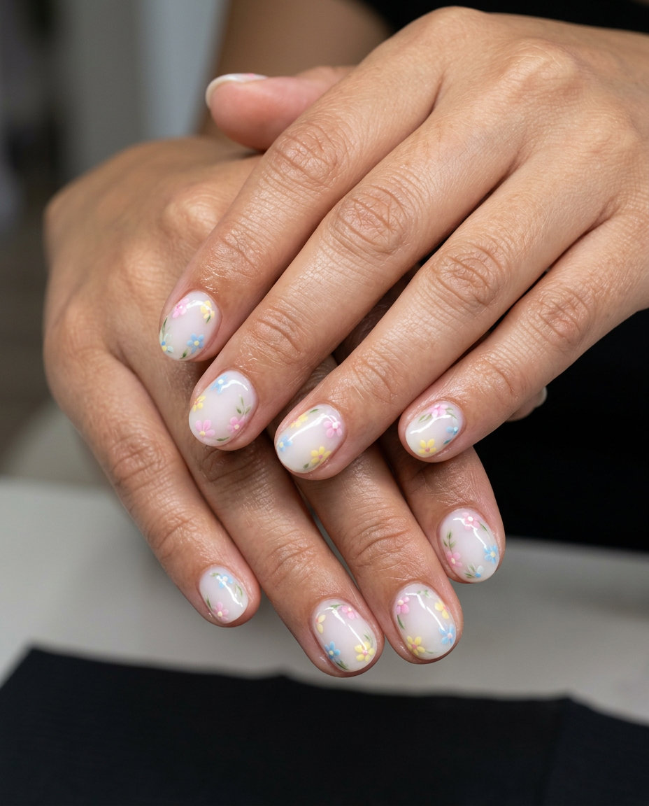 Milky floral garden design on short rounded nails for a wedding or baby shower. Summer colorful nails designs 2026.