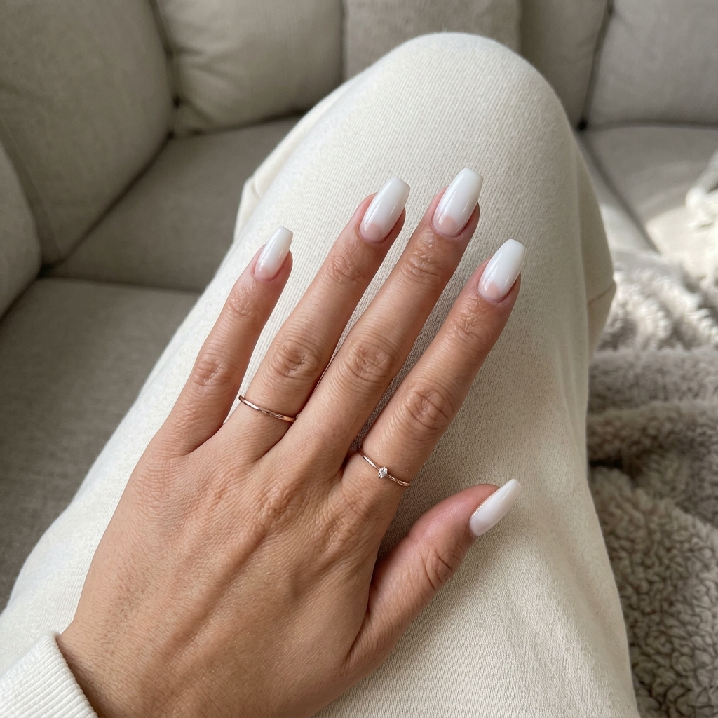 Milky white reverse French nails with nude kiss for daily, work, casual outings. Summer colorful nails designs 2026.