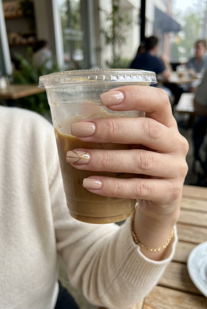 Nude base with gold geometric accents on medium square nails for work or formal events. Summer colorful nails designs 2026.