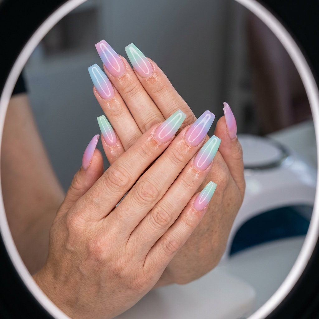 Pastel jelly ombre coffin nails for summer 2026, ideal for weddings and date nights. Romantic & playful.