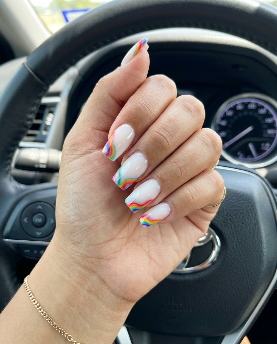 Rainbow swirl milky French tip coffin nails for summer 2026, perfect for vacations and parties. Whimsical & artistic.