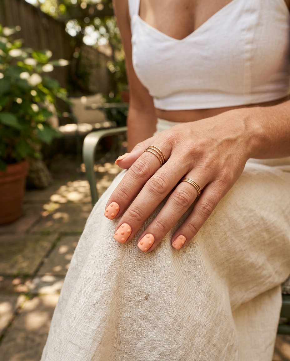 Textured peach abstract dot nails for summer 2026, ideal for casual outings and festivals. Playful & tactile.