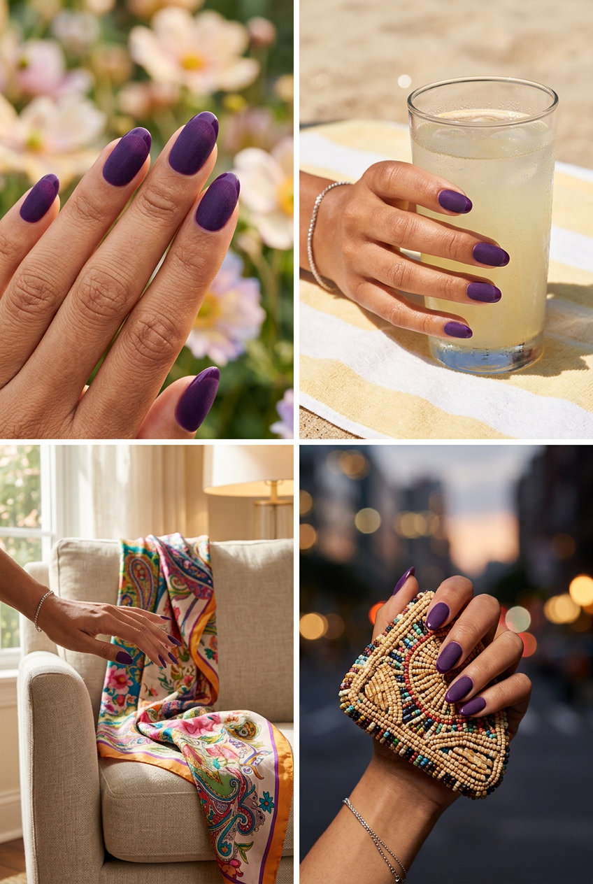 Velvet purple micro French tip on long coffin nails for a date night or cocktail party. Summer colorful nails designs 2026.