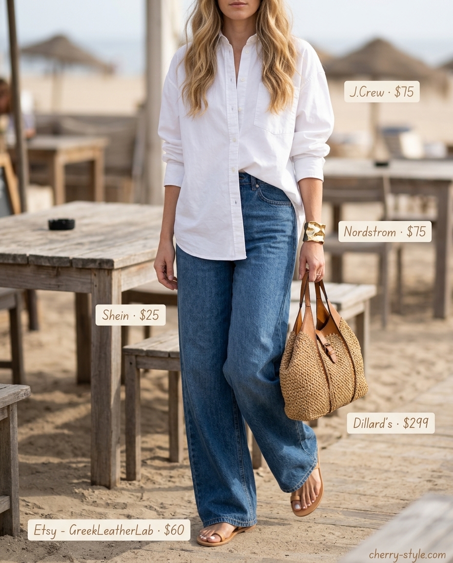 California Cool Denim: relaxed straight-leg jeans, oversized white shirt, leather sandals. Summer Denim Outfits for Women 2026.
