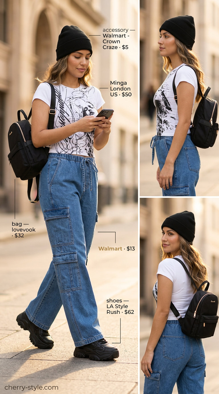 Casual Cool Cargo Denim outfit: relaxed fit cargo jeans, fitted graphic tee, chunky sneakers, beanie. Summer Denim Outfits for Women 2026.