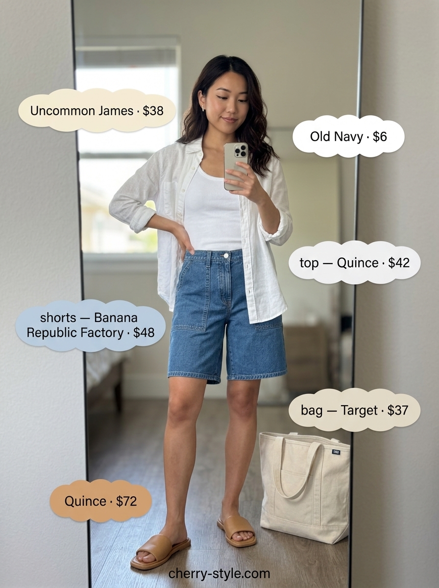 Casual Summer Denim: Light wash Bermuda shorts, white tank, linen shirt, sandals. Summer Denim Outfits for Women 2026.