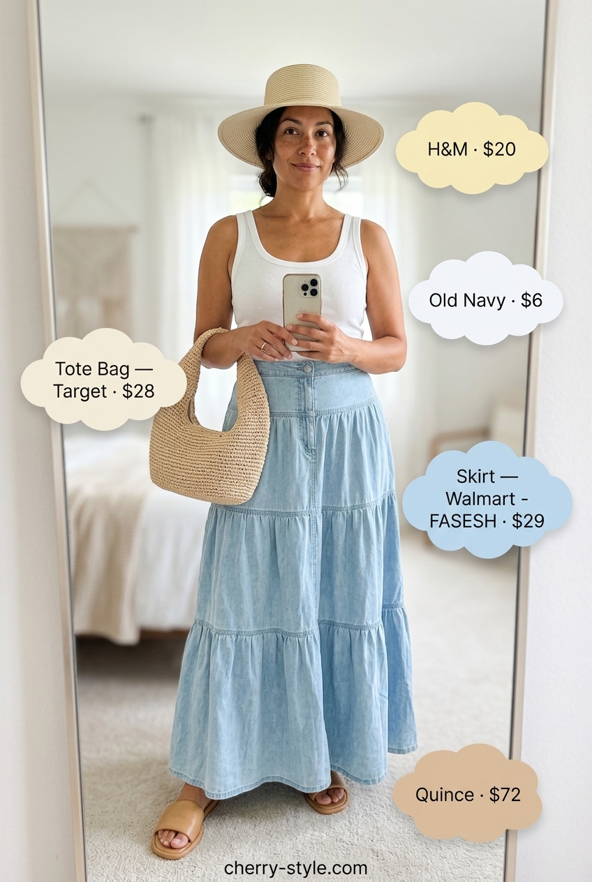 Coastal Getaway Denim: Light wash denim maxi skirt, white tank, straw hat & bag. Summer Denim Outfits for Women 2026.