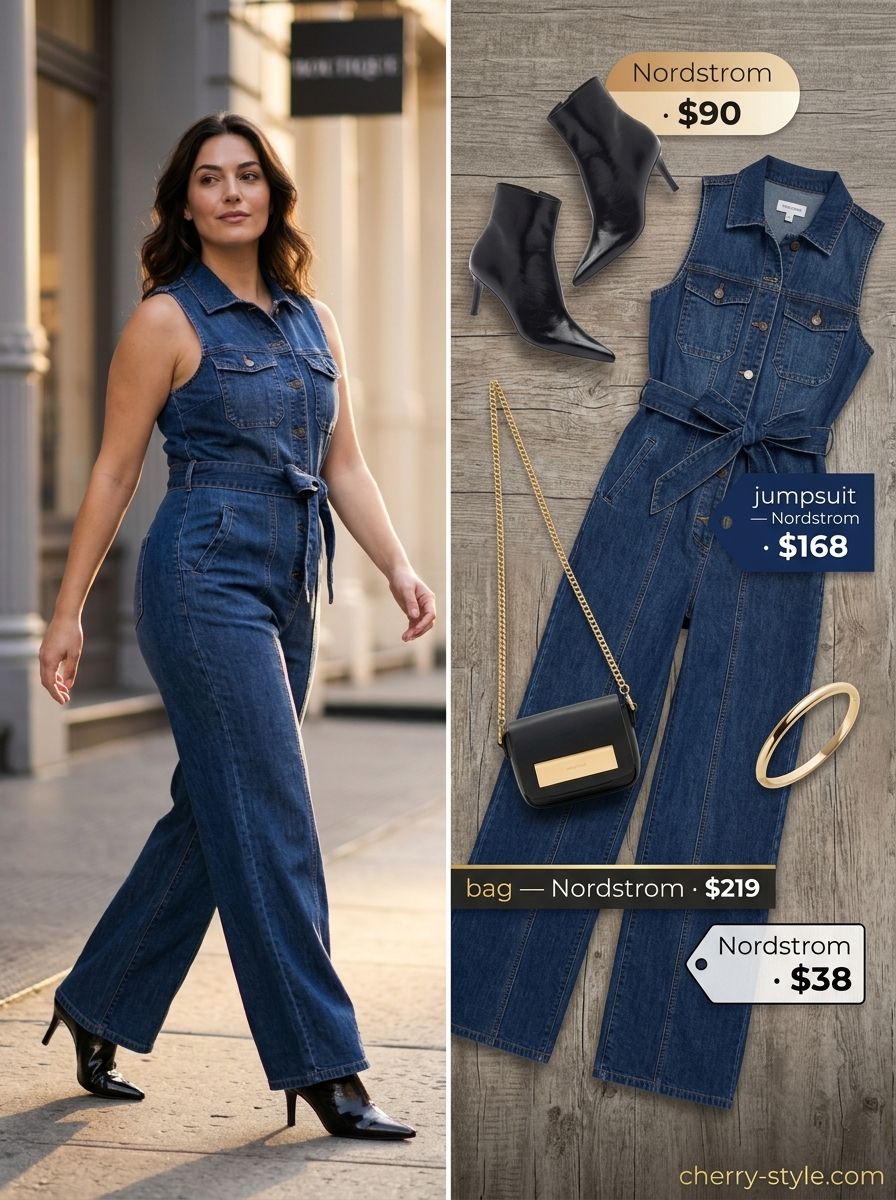 Modern Denim Jumpsuit: Dark wash utility jumpsuit, heeled boots, crossbody bag for a chic day out. Summer Denim Outfits for Women 2026.