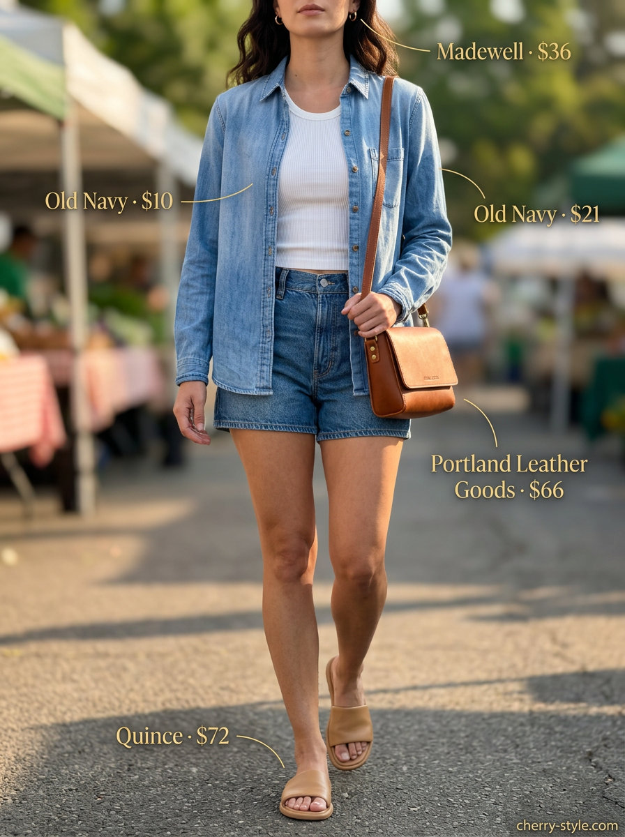 Chic medium wash denim matching set with white tank and tan sandals for summer outfits for women 2026.