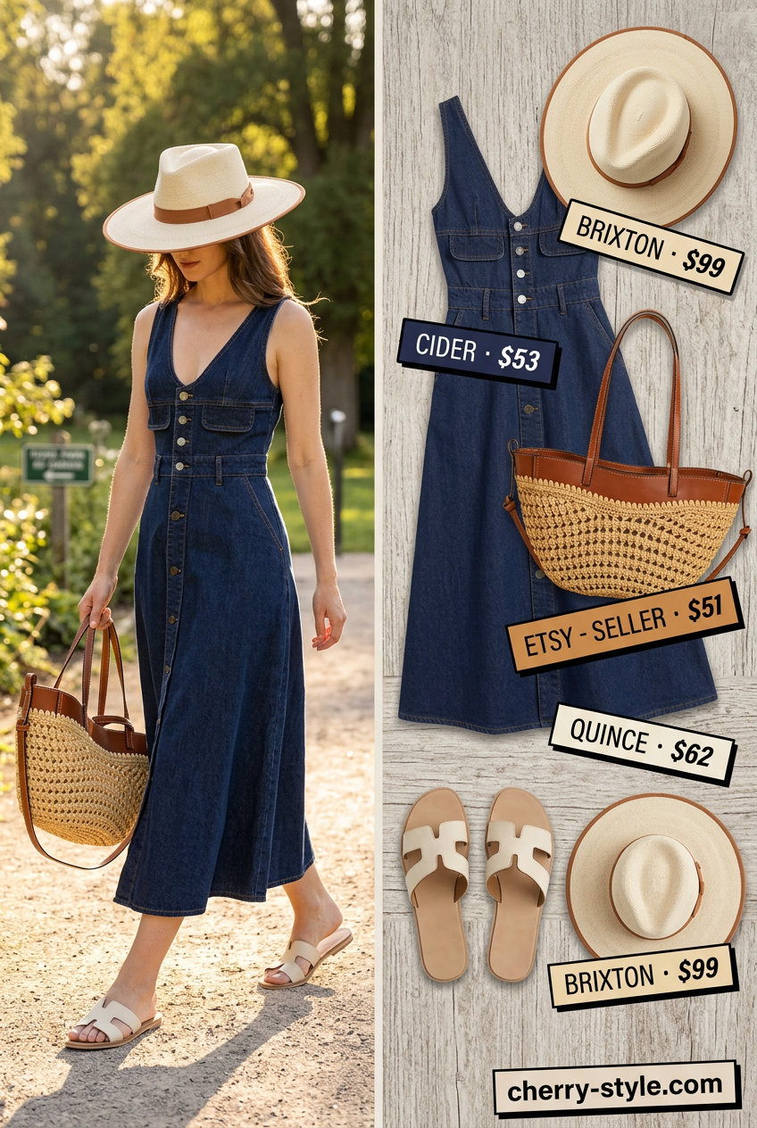 Denim Maxi Dress Dream: Dark wash denim maxi dress, straw hat, leather slides for a chic summer event. Summer Denim Outfits for Women 2026.