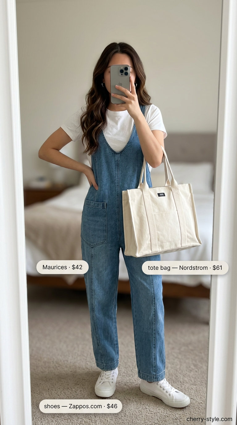 Denim Overalls Adventure: Medium wash overalls, white tee, canvas sneakers for casual fun. Summer Denim Outfits for Women 2026.