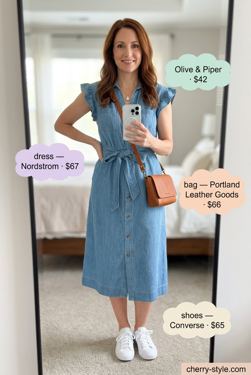 Effortless medium wash denim shirt dress with white sneakers for summer casual outfits for women 2026.