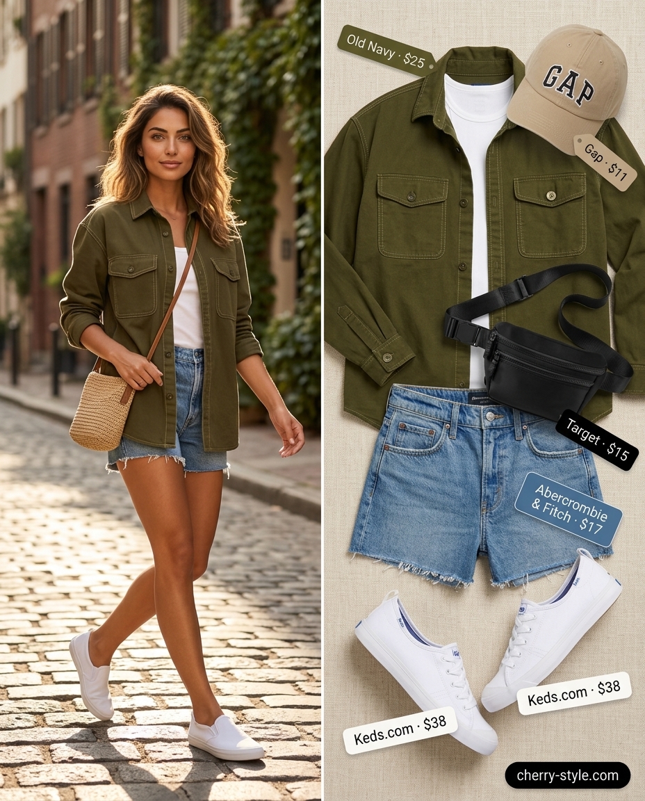 Cool medium wash denim shorts with oversized olive shirt for summer casual outfits for women 2026.