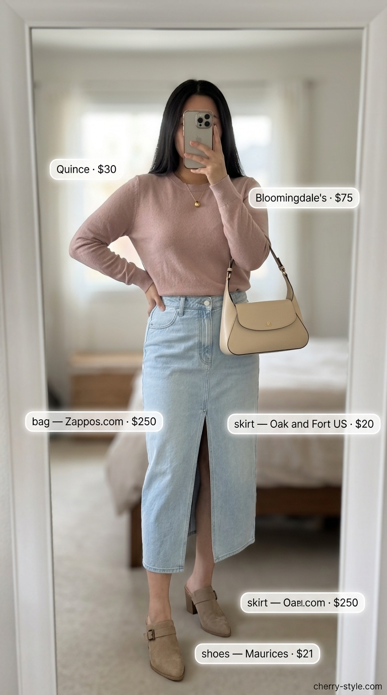 Weekend Brunch Denim: A-line denim skirt, cream knit sweater, suede mules for a chic brunch. Summer Denim Outfits for Women 2026.