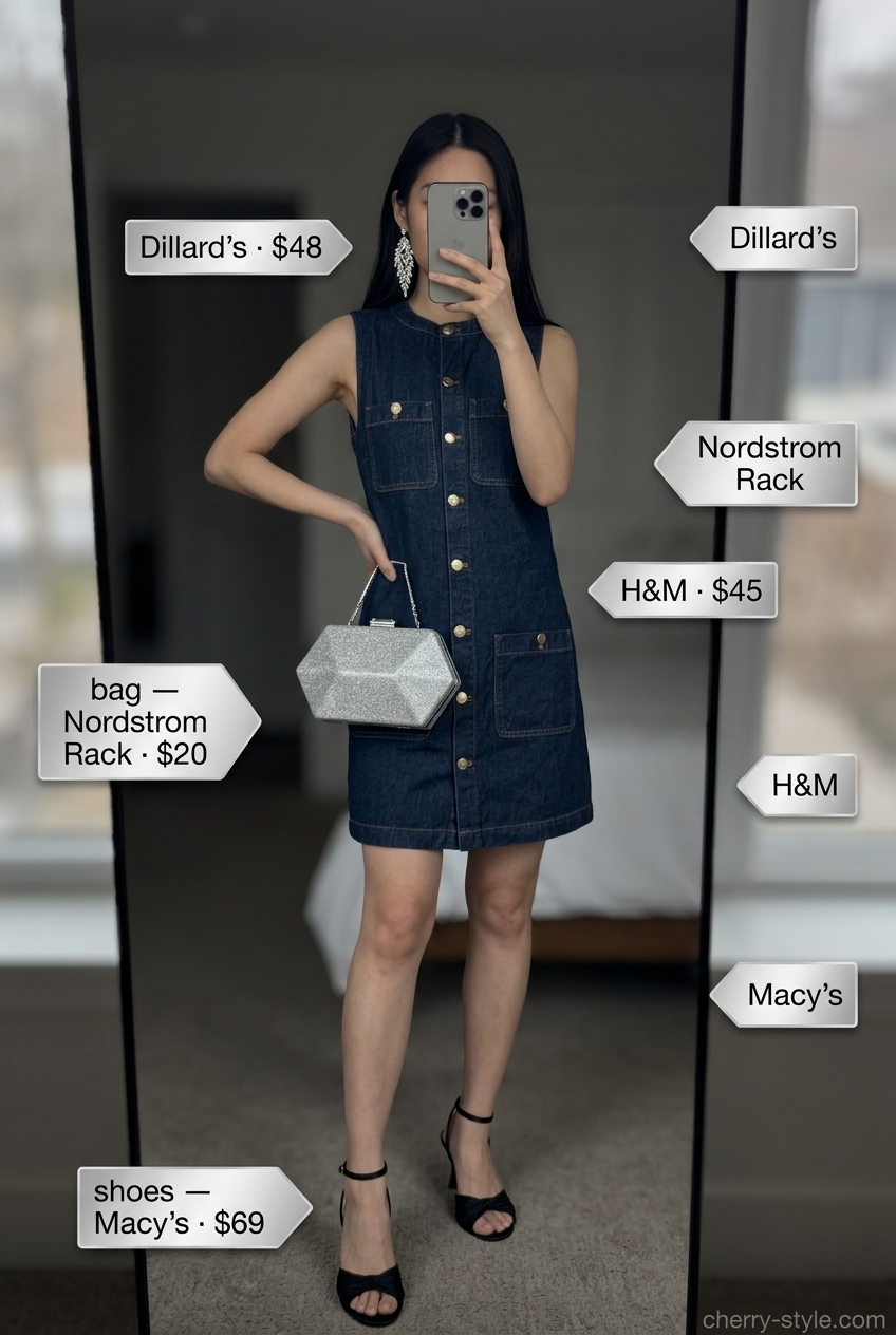 Elegant dark wash denim midi dress with silver accessories for summer evening outfits for women 2026.
