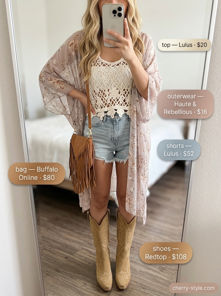 Summer Festival Denim: Distressed denim shorts, crochet top, chiffon kimono, cowboy boots. Summer Denim Outfits for Women 2026.