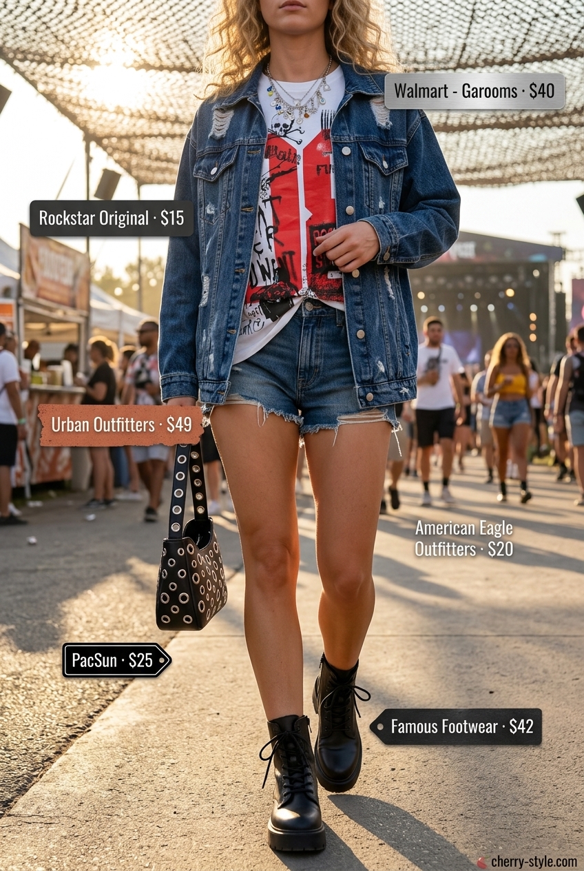 Summer Festival Vibes outfit: distressed denim shorts, oversized denim jacket, graphic tee, combat boots. Summer Denim Outfits for Women 2026.