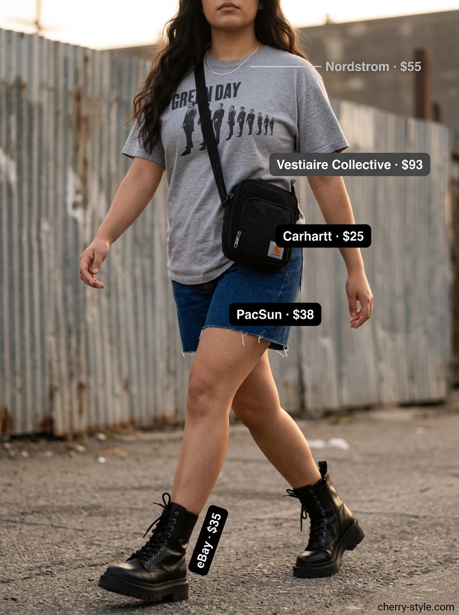 Edgy dark indigo denim shorts with graphic tee and combat boots for summer streetwear outfits for women 2026.