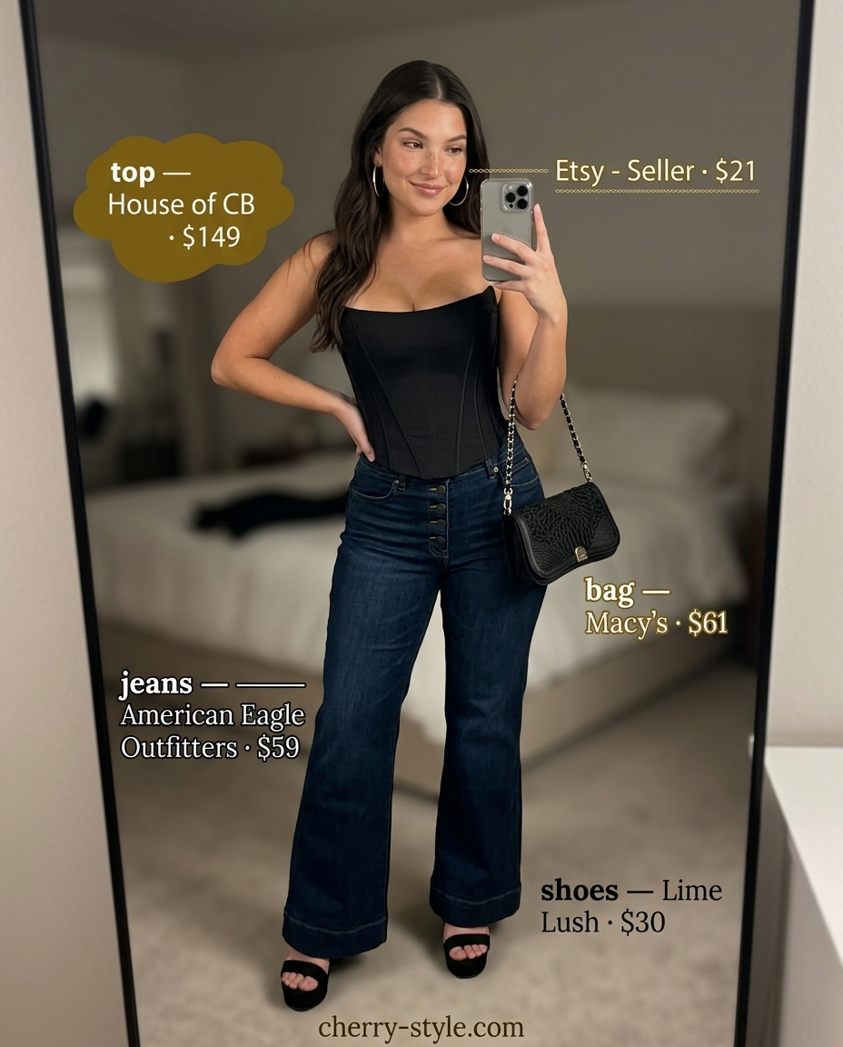 Retro Denim Chic: Dark wash flare jeans, black corset top, platform heels for a night out. Summer Denim Outfits for Women 2026.