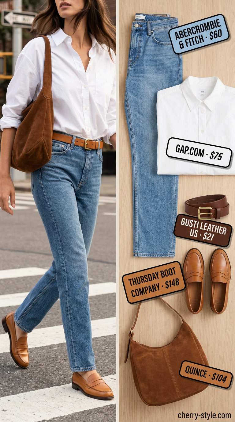 City Park Explorer: straight-leg jeans, crisp white button-down, loafers, tote bag. Summer Denim Outfits for Women 2026.