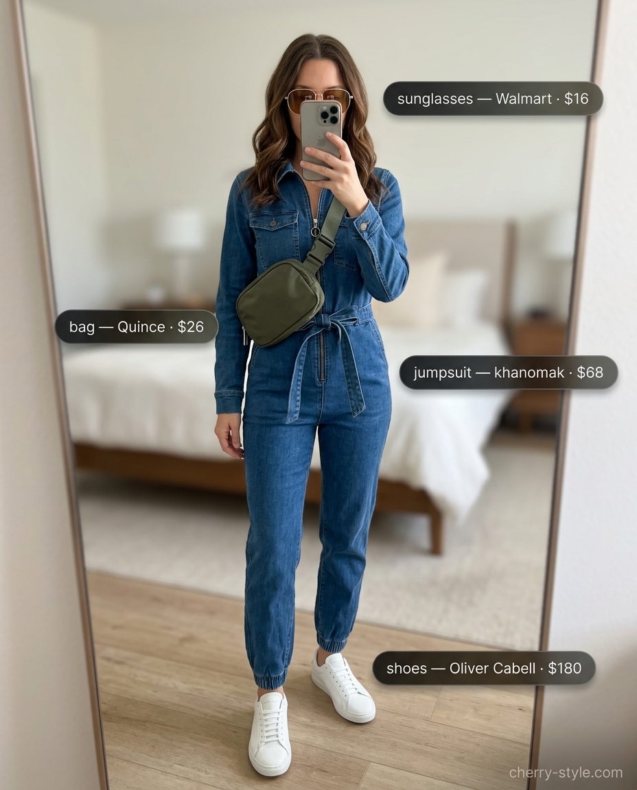 Stylish mid-wash denim utility jumpsuit with white sneakers for summer travel outfits for women 2026.